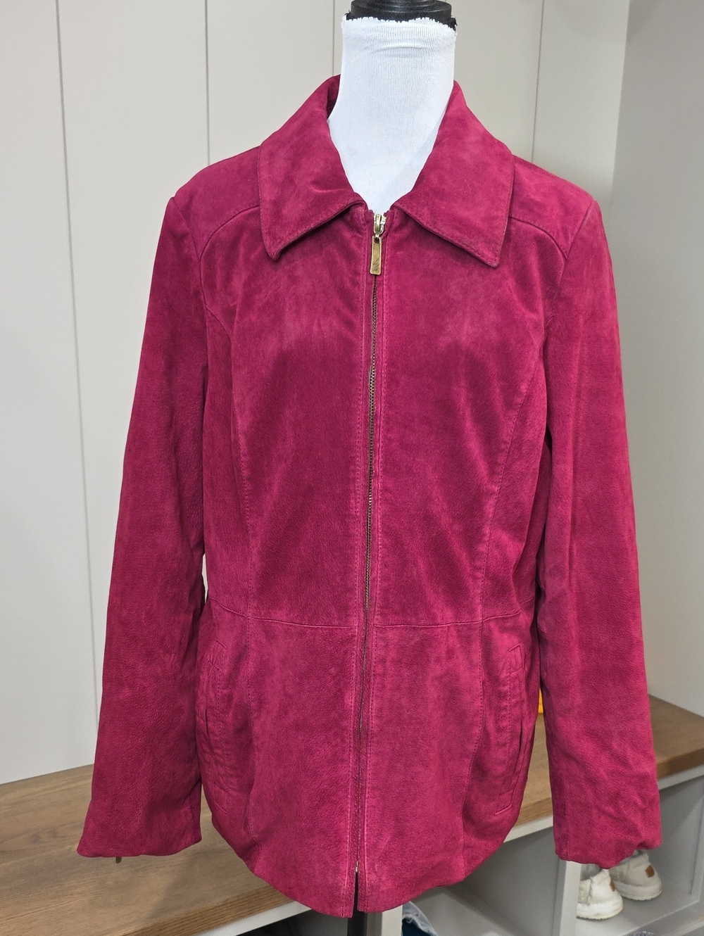 dennis basso Raspberry Pink Suede Zip Jacket